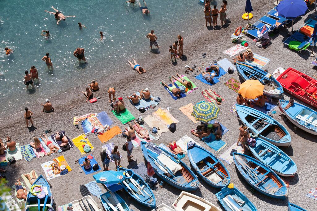 La Praia Beach Praiano - Carla Coulson Limited Edition Fine Art Print, travel photography, Italian beach, beach photography, blue fishing boats, italians at play, amalfi coast, summertime, positano