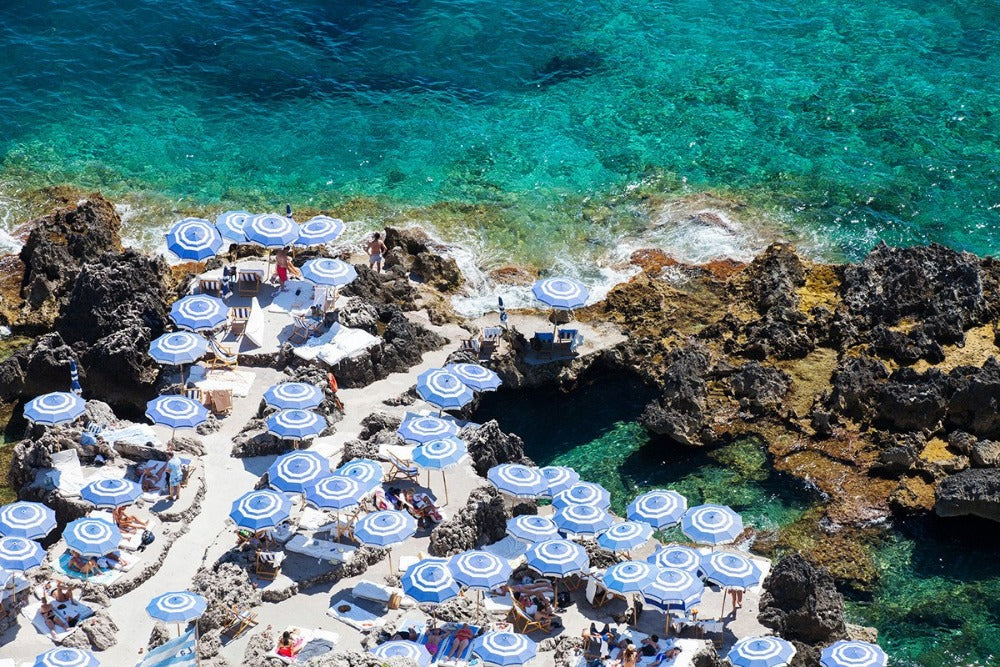 La Fontelina Beach Capri - Carla Coulson Limited Edition Fine Art Print, travel photography, Italian beach, amalfi coast, blue and white stripes, beach umbrellas, capri sea, capri beach, jetset, beach photography
